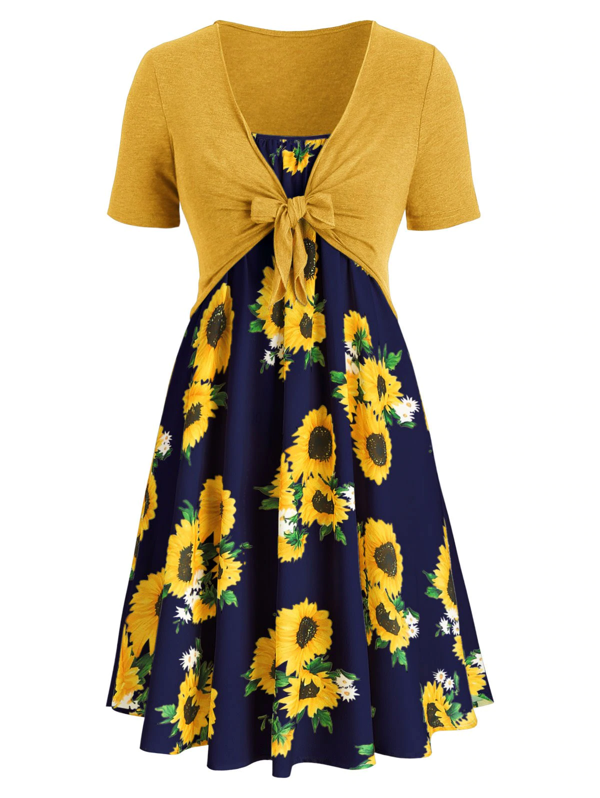 Plus Size Sunflower Print Dress With Front Knot Top