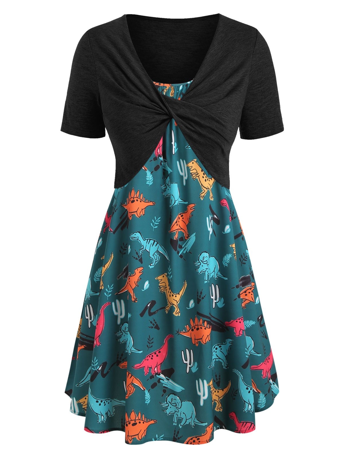 Plus Size Dinosaur Print Ruffled Dress With Twist Top