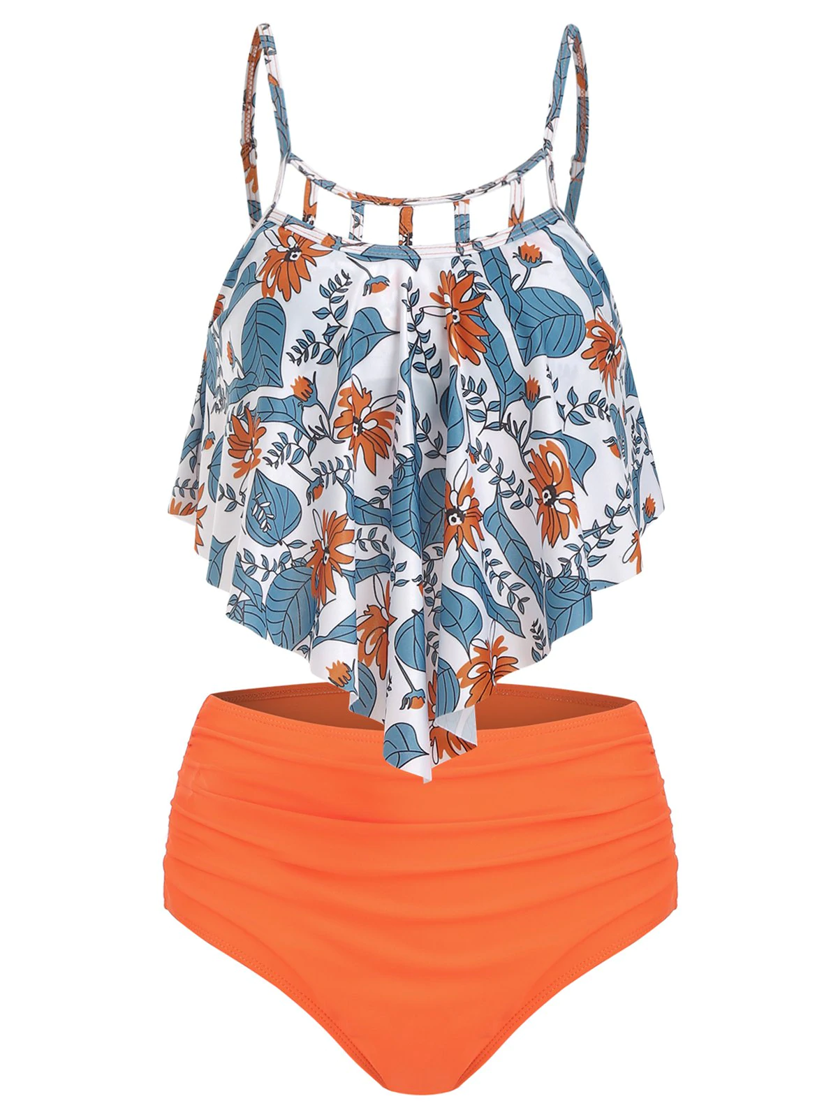 oral Print Cut Out Ruched Tankini Set