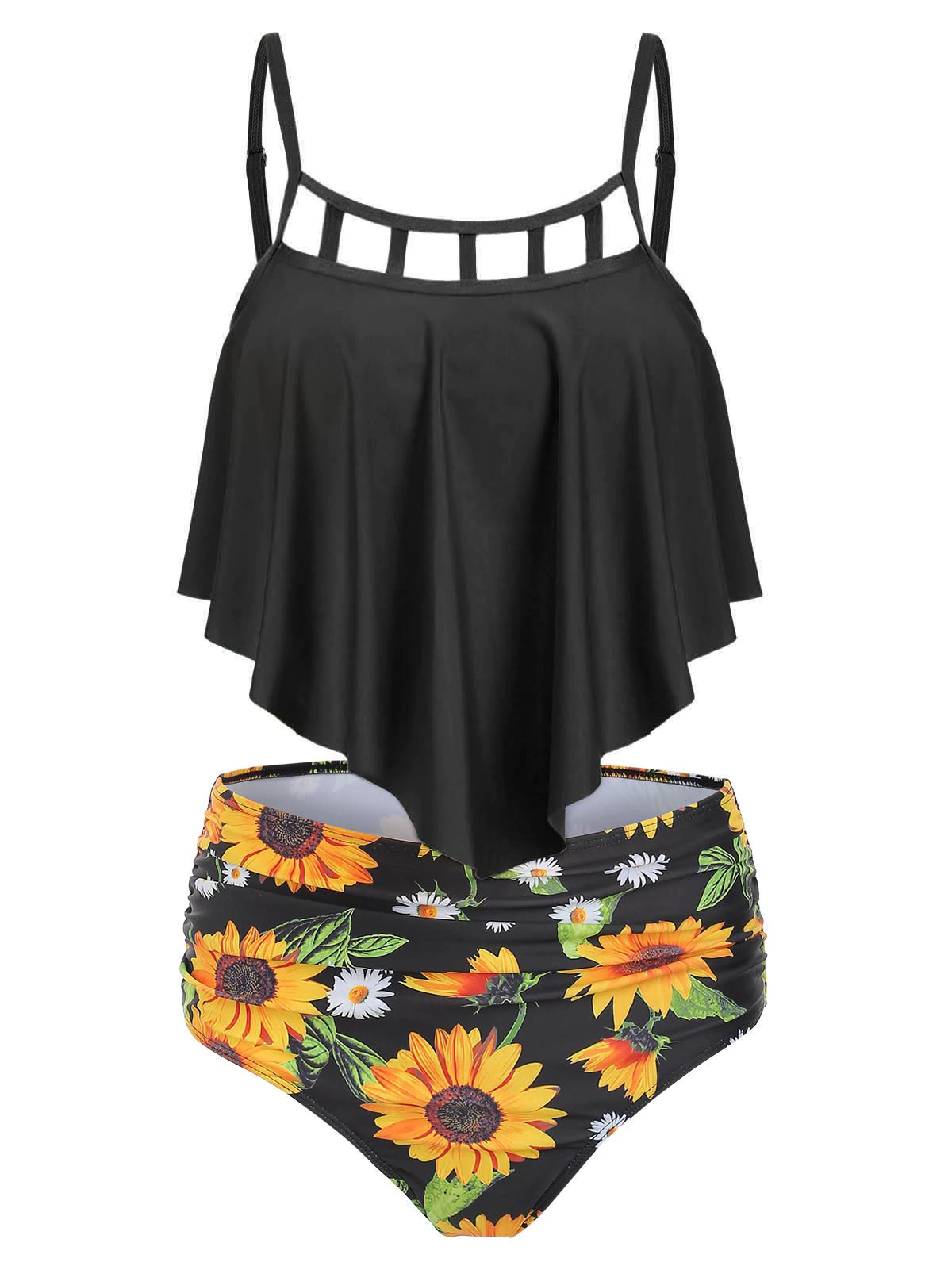 Cut Out Sunflower Overlay Tankini Set