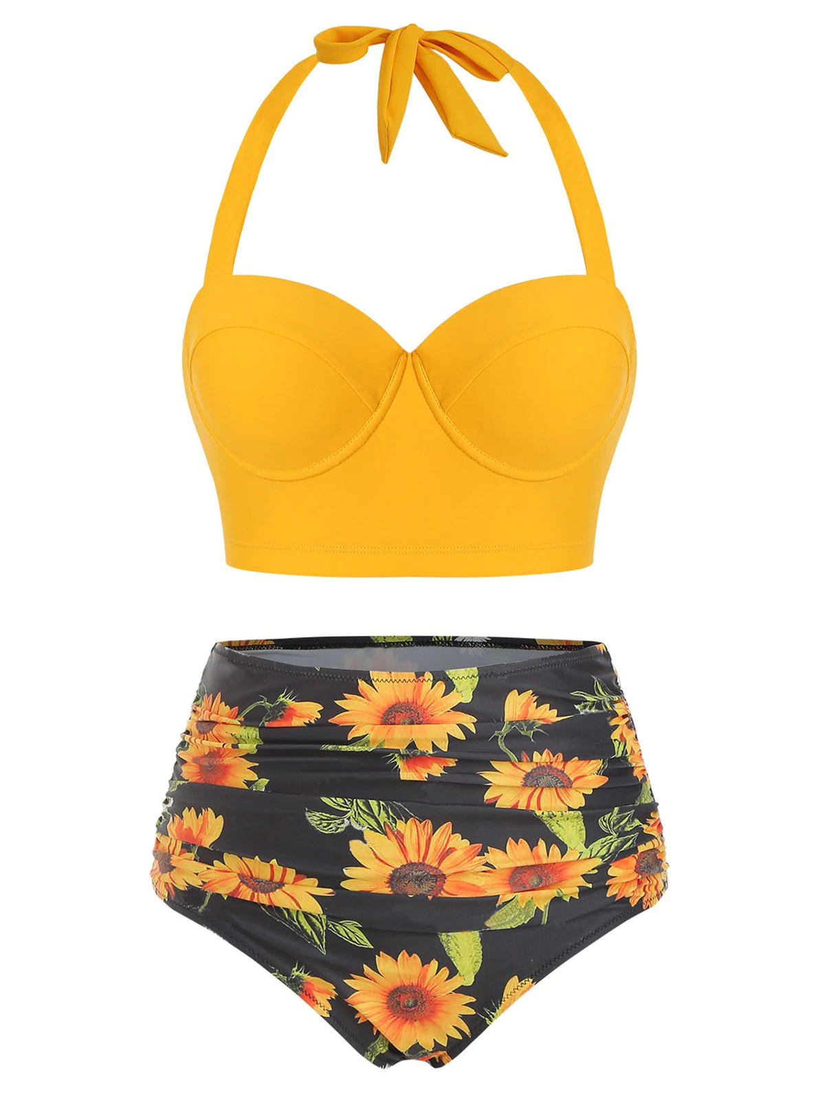 Sunflower Print Ruched Halter Bikini Swimsuit