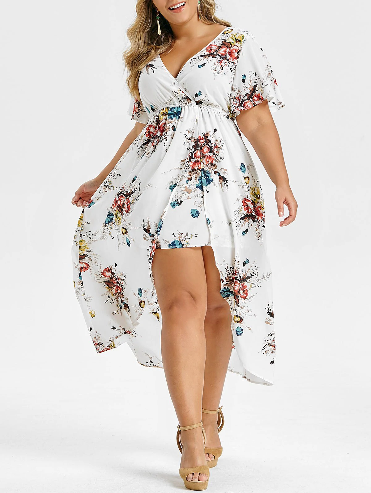 Plus Size V Neck Flare Sleeve High Low Long Dress