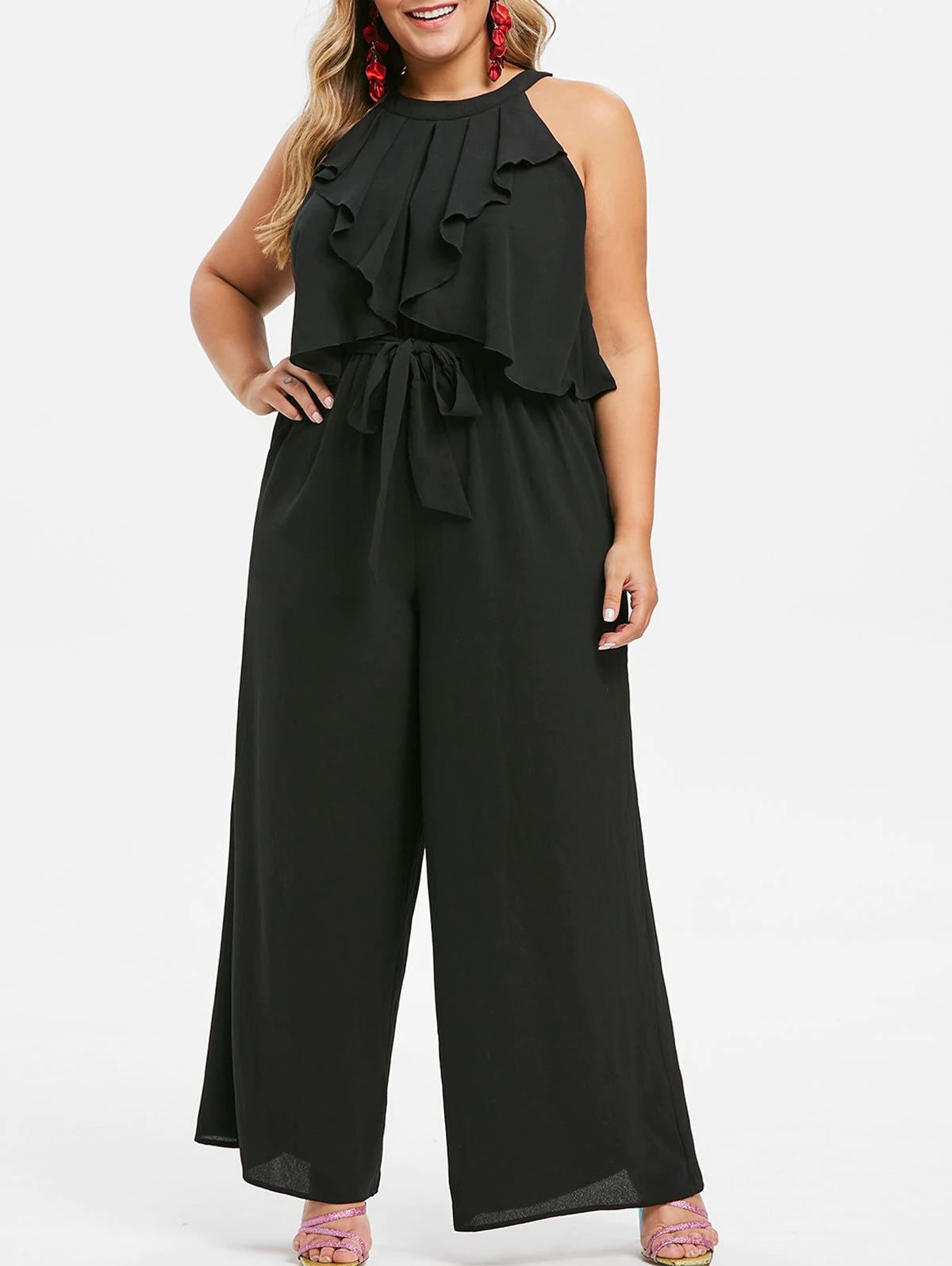 Plus Size Bib Neck Flounce Belted Wide Leg Jumpsuit