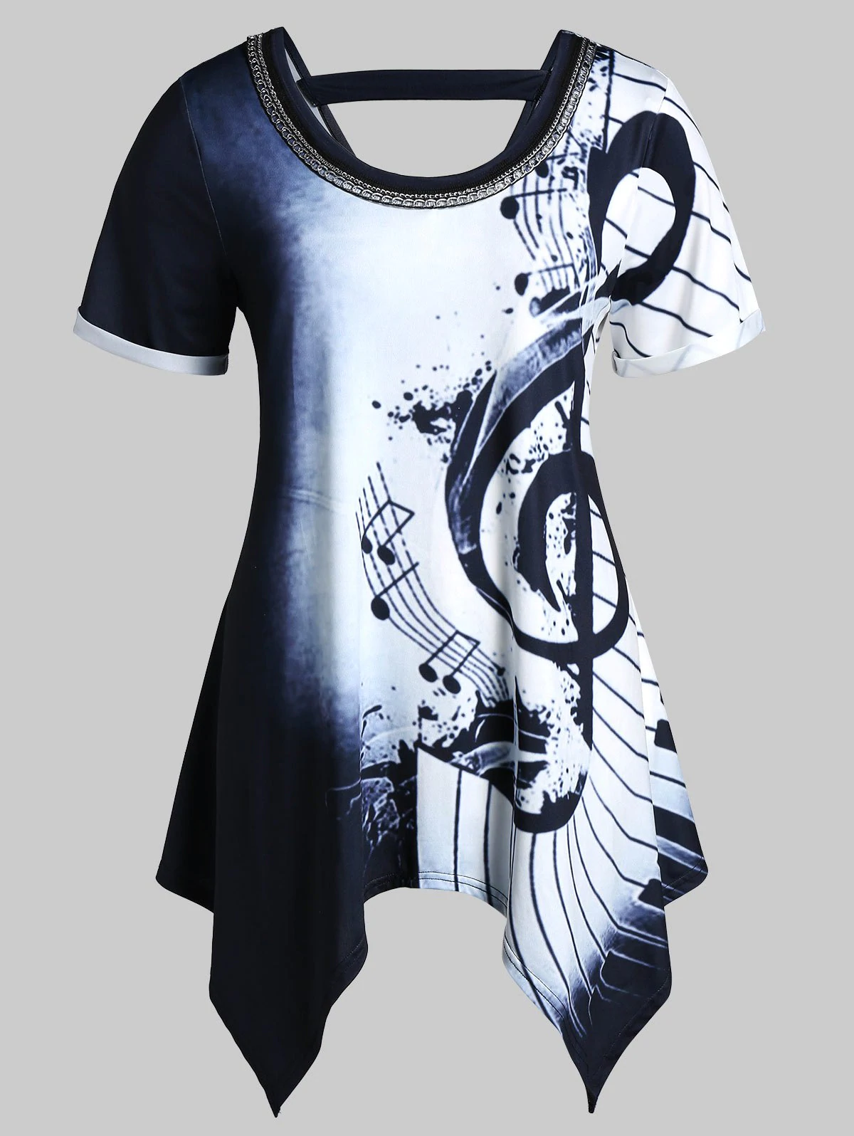 Plus Size Asymmetrical Musical Notes Print Chains Embellished Te