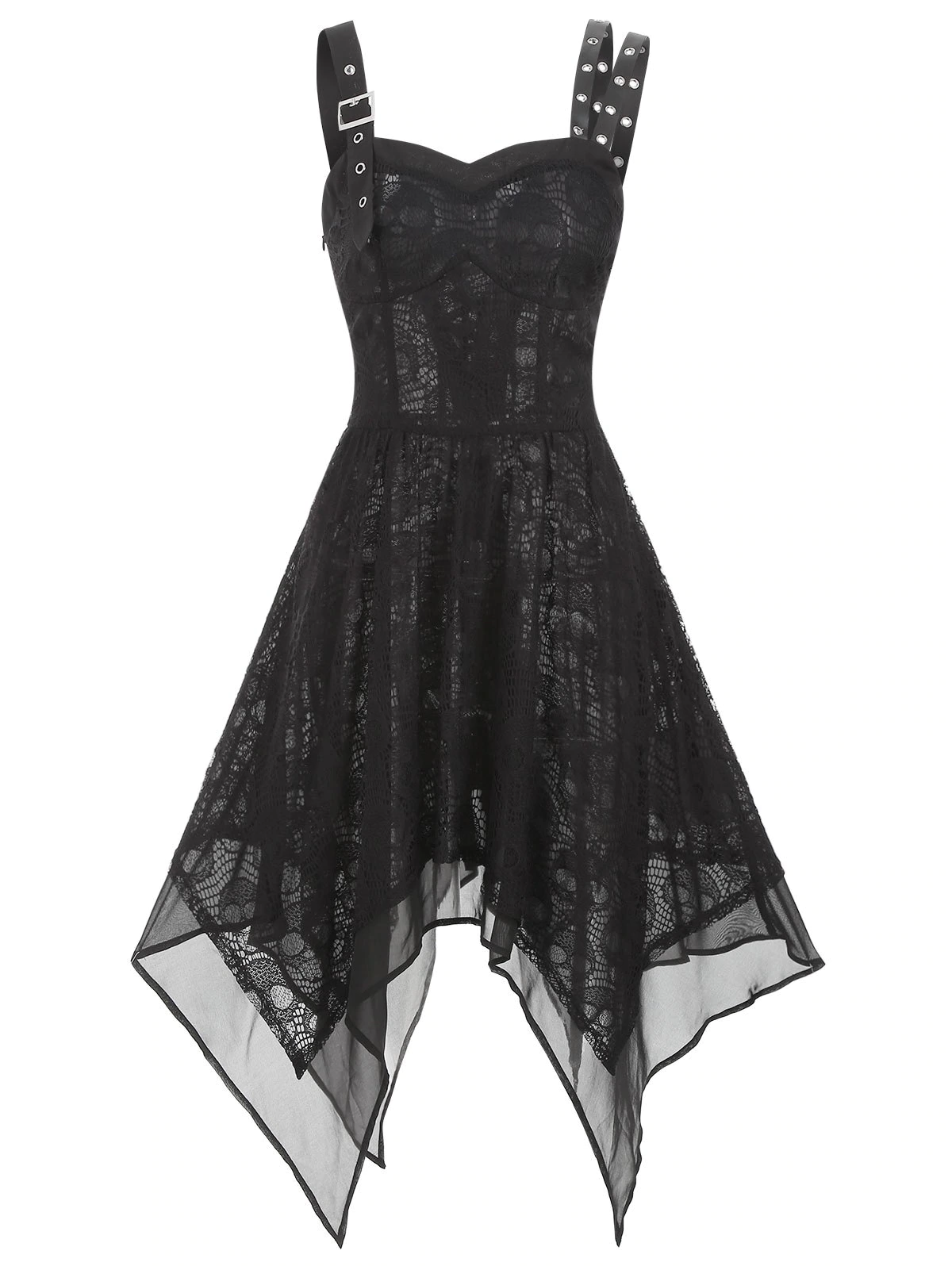 Asymmetrical Lace Buckle Grommet Strap Handkerchief Lace Up Dres