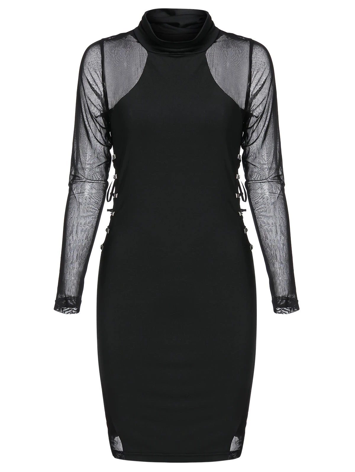 Rivet Embellished Mesh Insert Lace-up Gothic Bodycon Dress