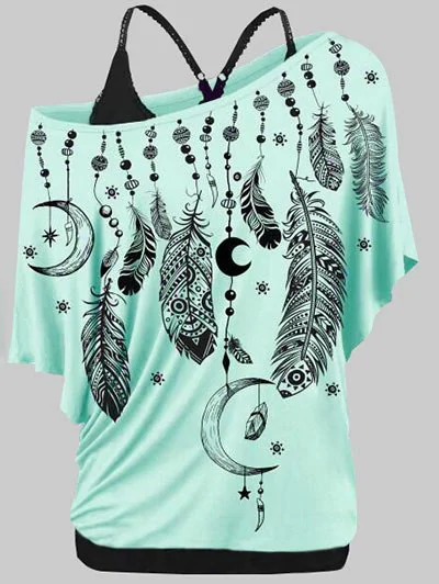 Plus Size Skew Neck Feather Print T-shirt and Cami Top Twinset