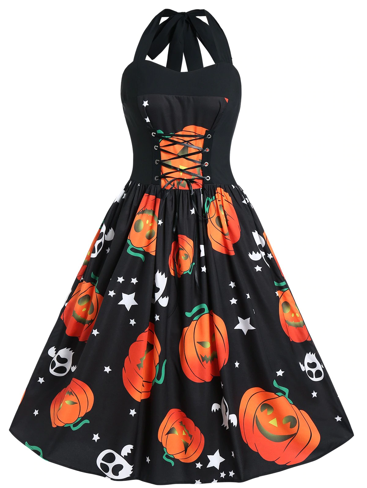 Plus Size Halloween Pumpkin Print Vintage Dress