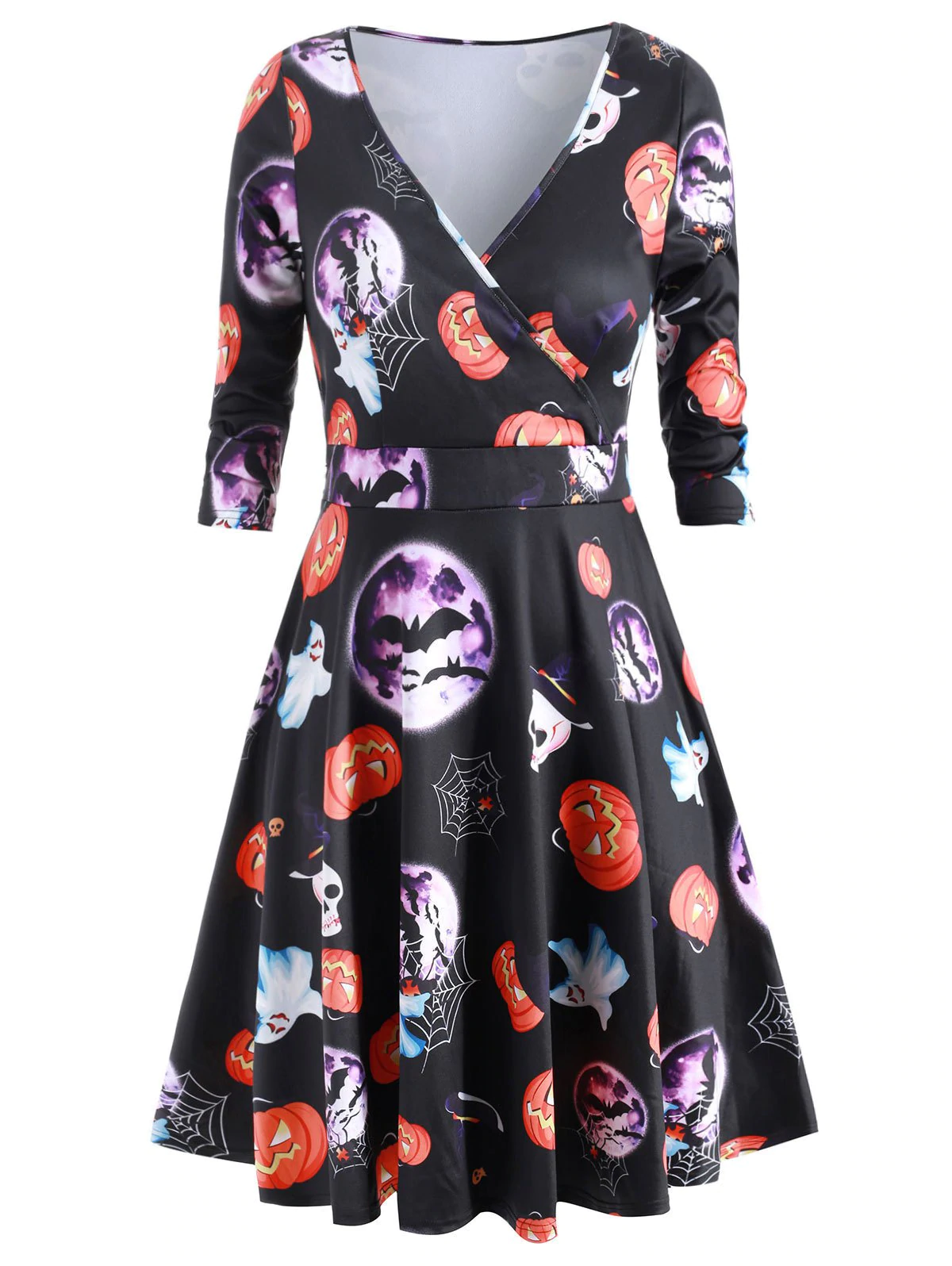 Plus Size Halloween Moon Bat Print V Neck Dress