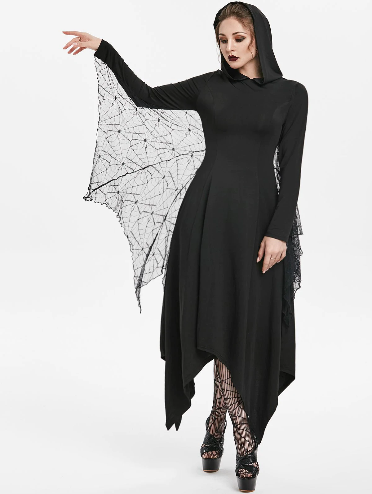 Halloween Handkerchief Maxi Gothic Dress With Bat Wings