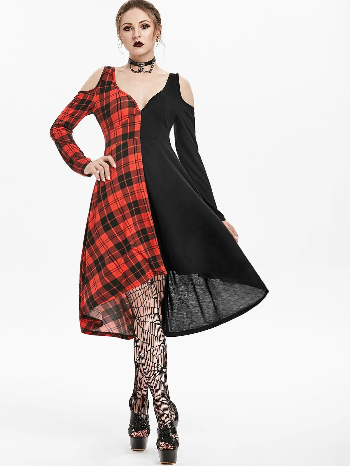 Halloween Plaid O Ring Cut Out Gothic Dress