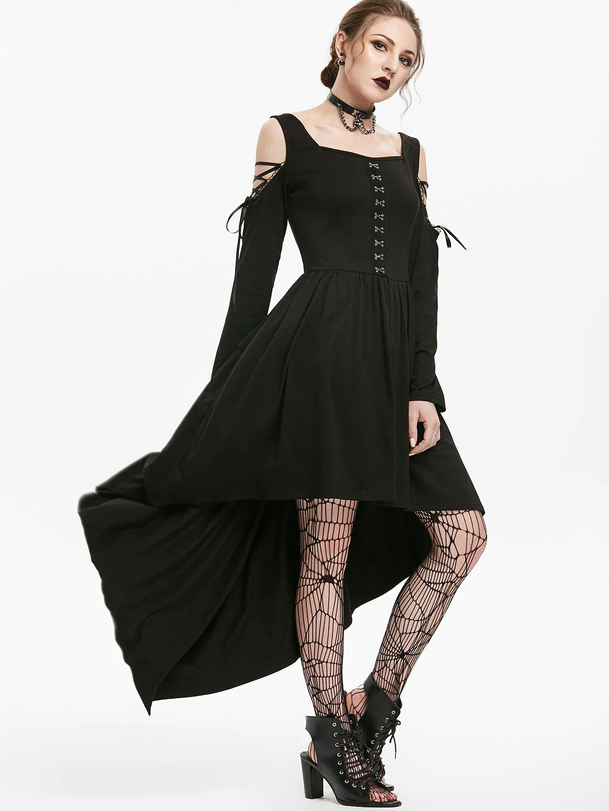 Gothic Lace Up Cold Shoulder Hook Front Dip Hem Dress