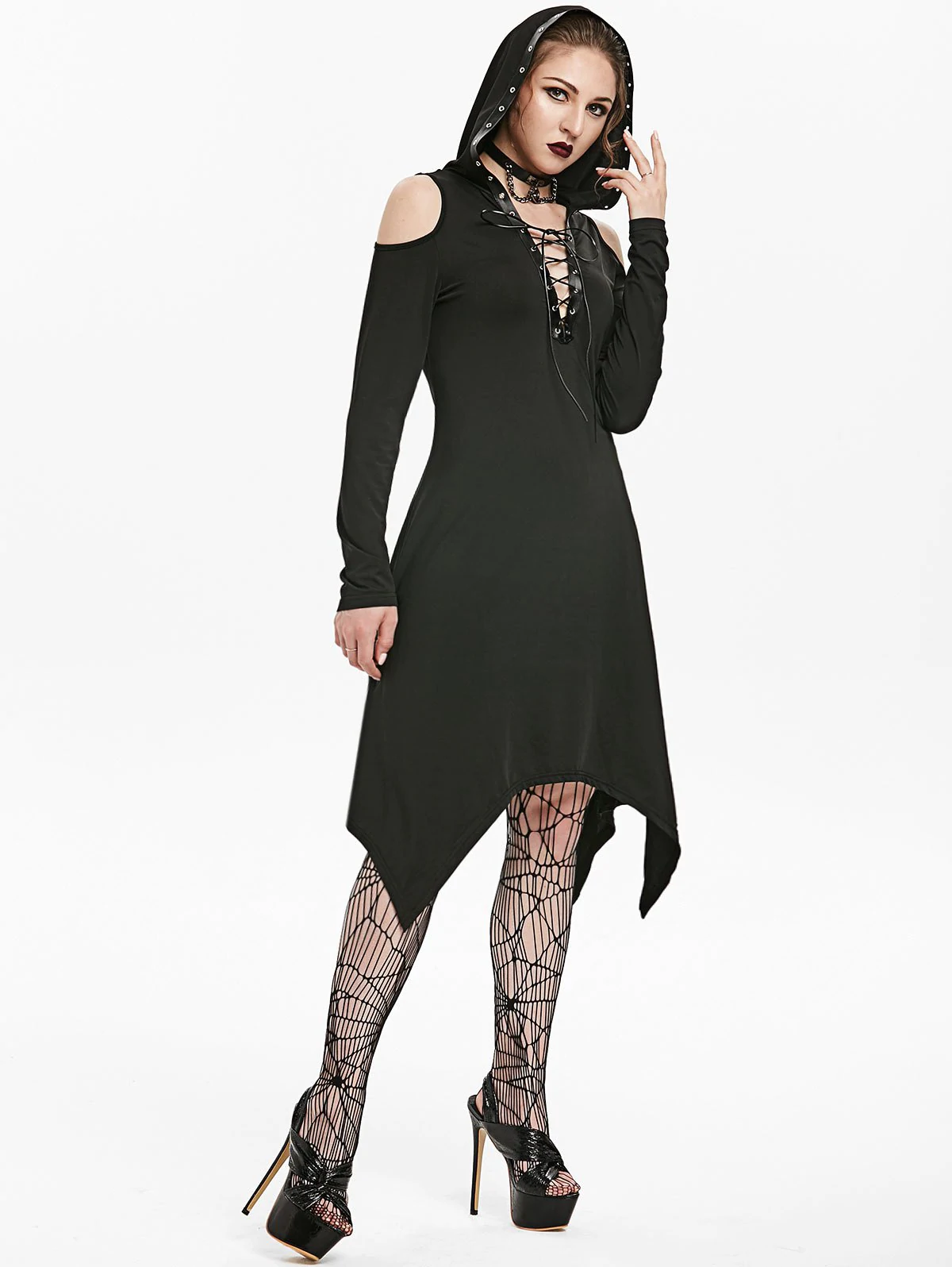 Hooded Lace-up Cold Shoulder Handkerchief Gothic Dress