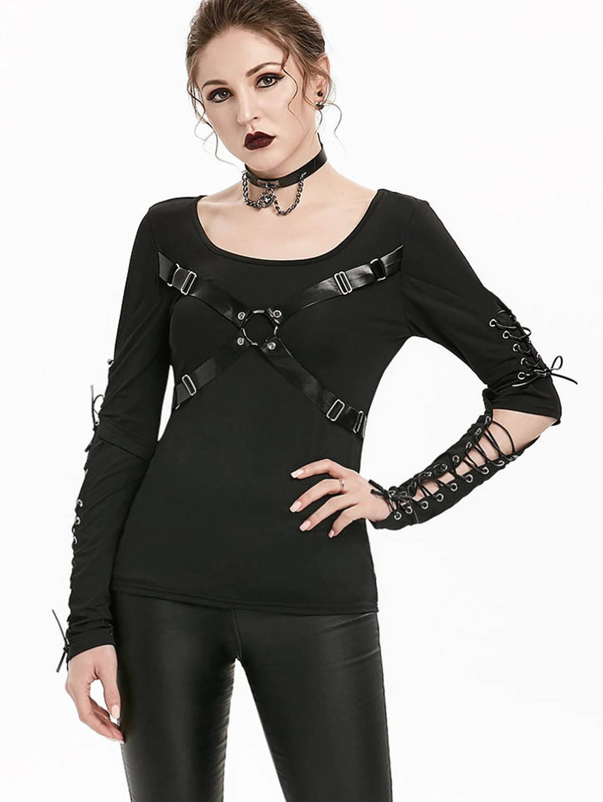 Cut Out Elbow Lace-up Harness Insert Gothic T-shirt