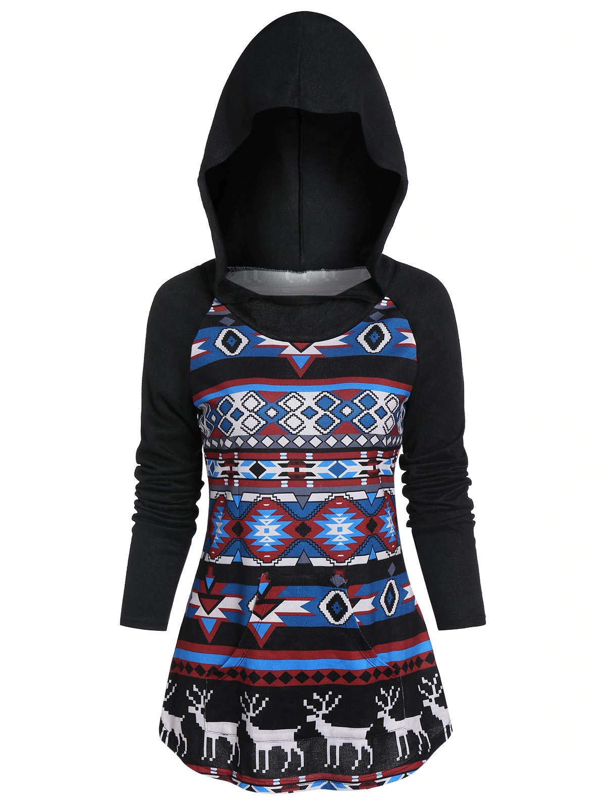 Christmas Hooded Raglan Sleeve Tribal Print Kangaroo Pocket Knit