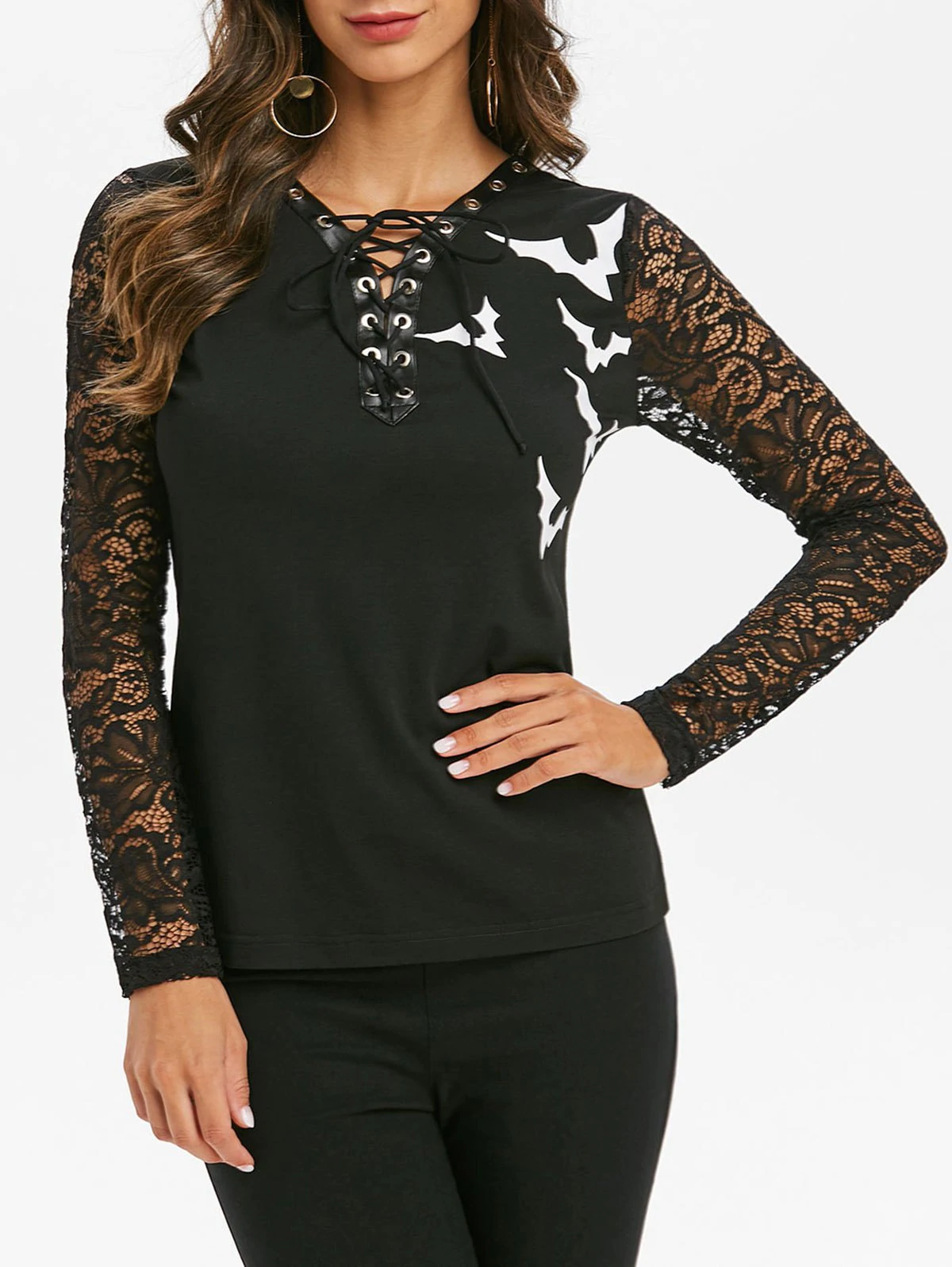 Halloween Bat Print Lace-up Lace Sleeve T-shirt