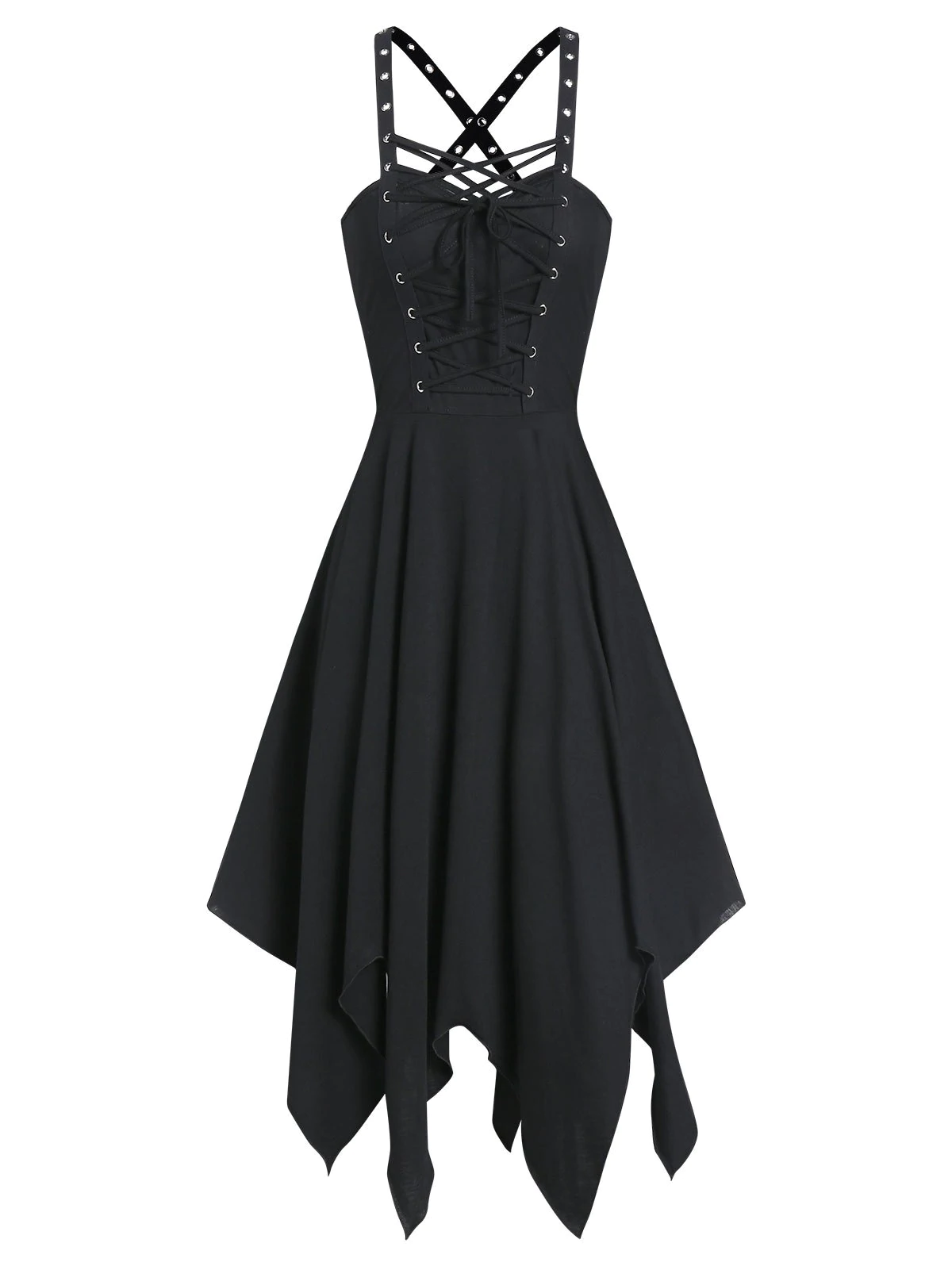 Sleeveless Lace-up Front Grommet Handkerchief Gothic Dress