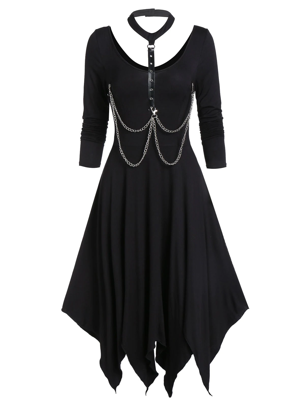 Asymmetrical Choker Chains Handkerchief Long Sleeve Dress