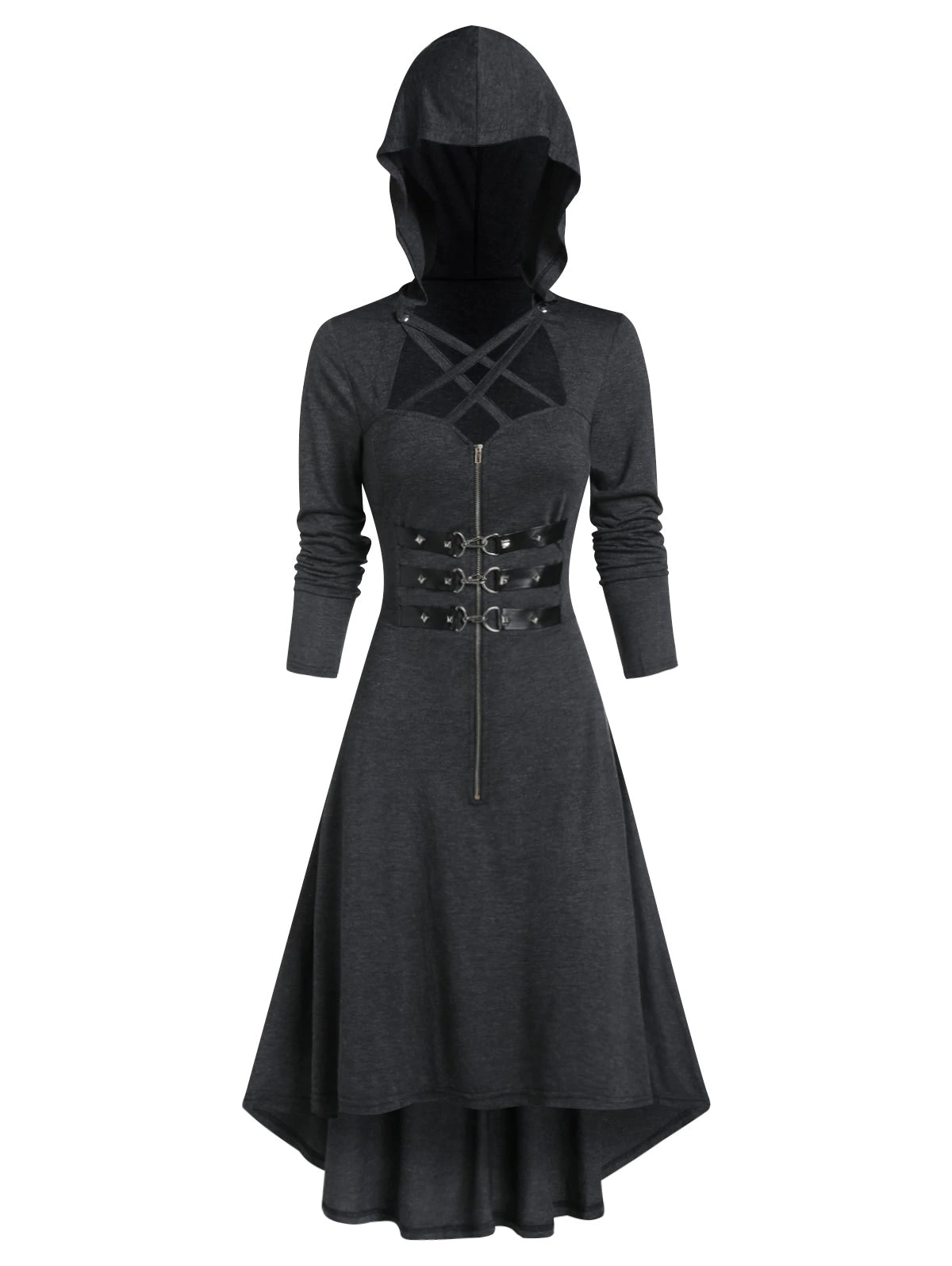 Hooded Lobster Buckle Strap High Low Gothic Dress