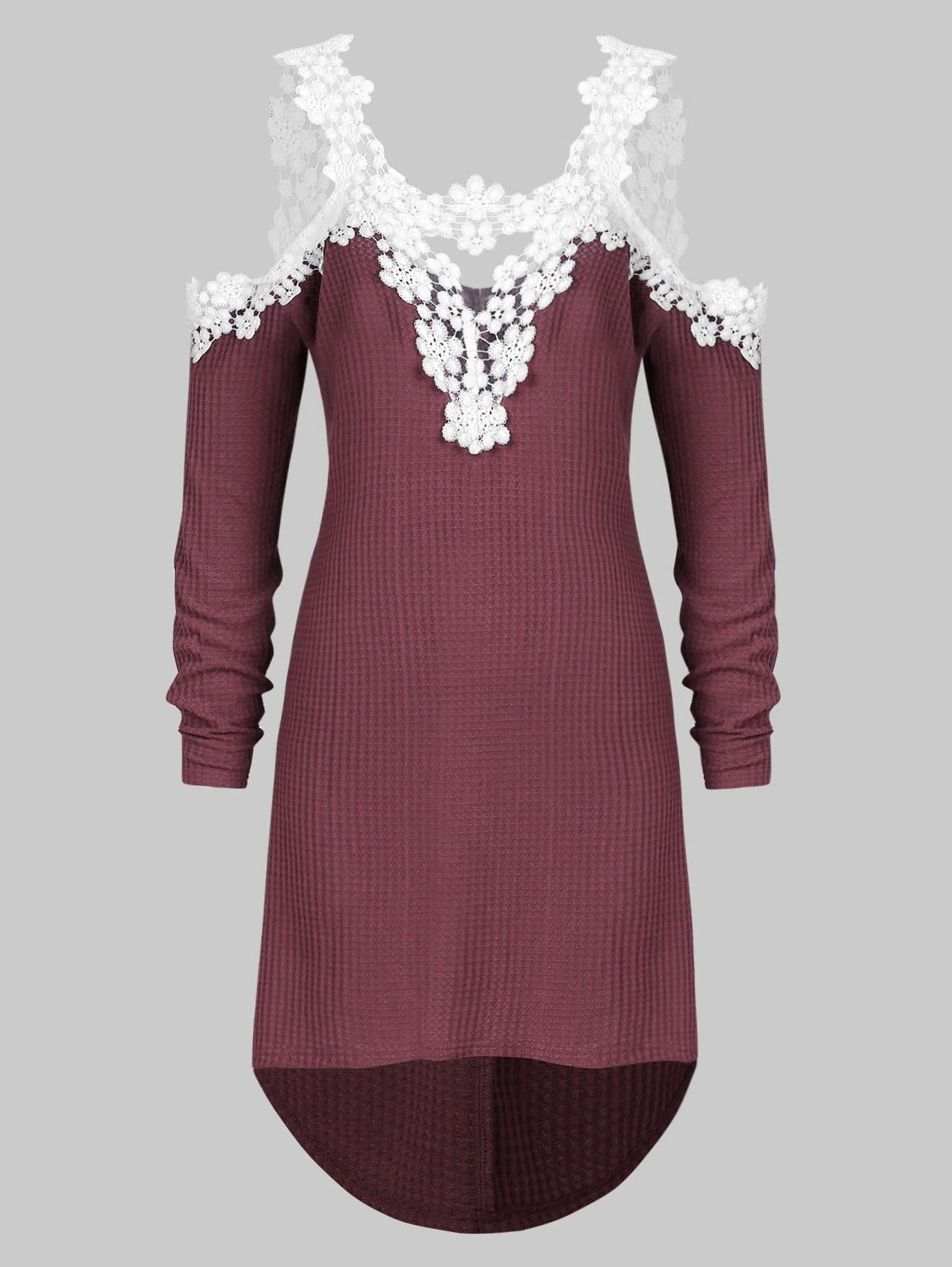 Plus Size Lace Applique Cold Shoulder High Low Knitwear