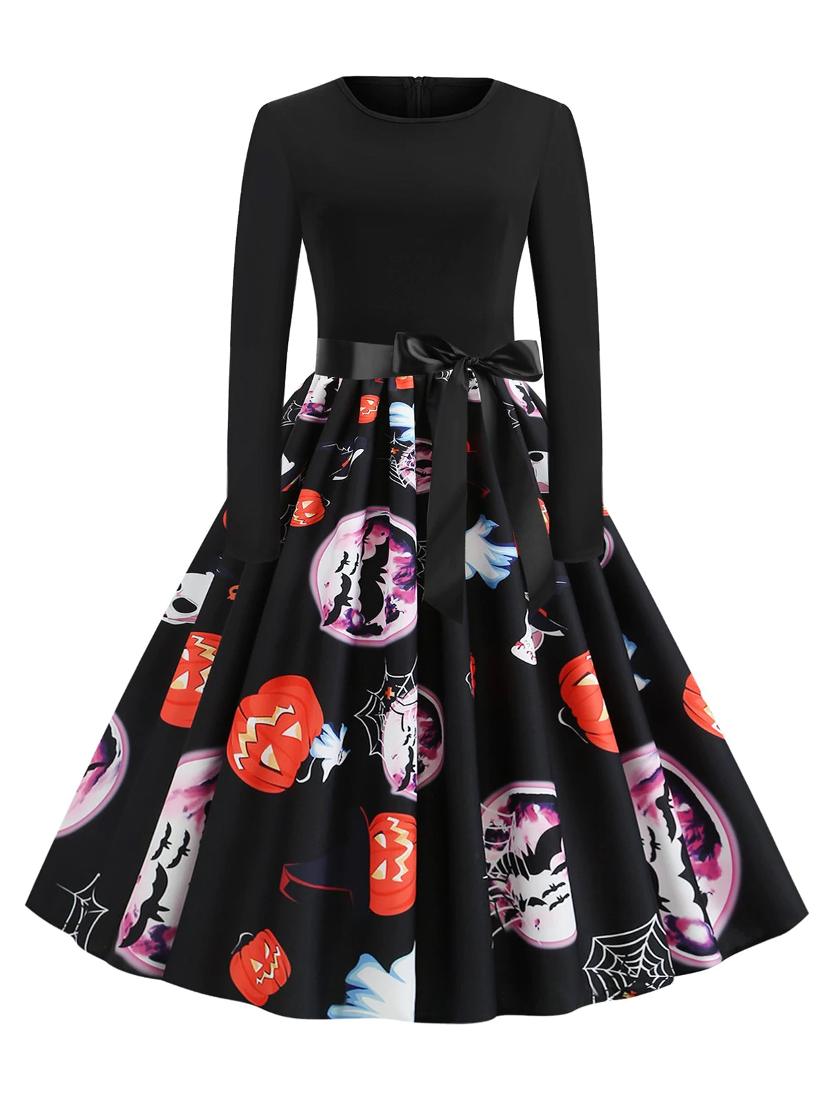 Plus Size Vintage Pumpkin Ghost Printed Halloween Swing Dress