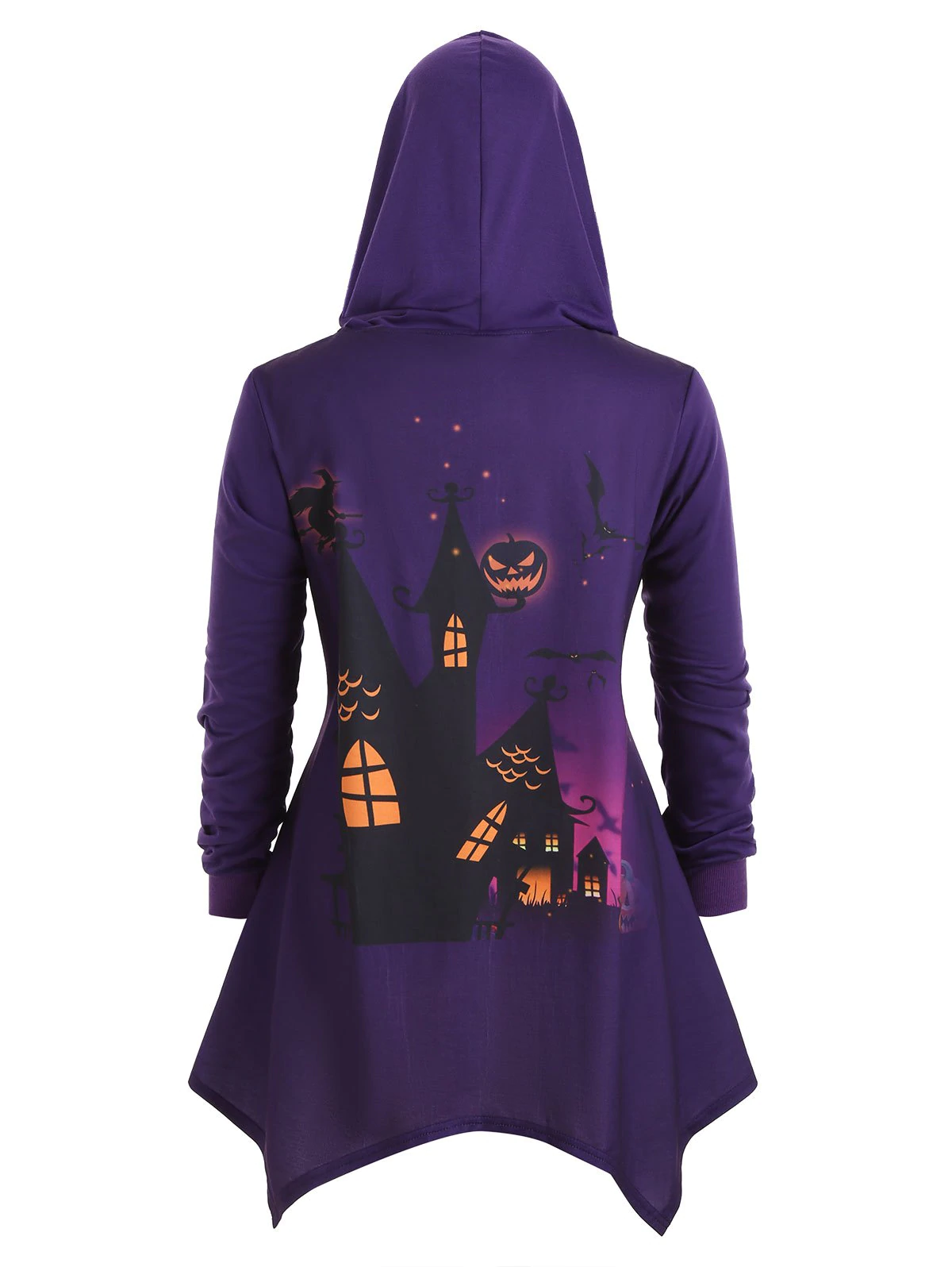 Hooded Bat Pumpkin Print Plus Size Asymmetrical Halloween Coat