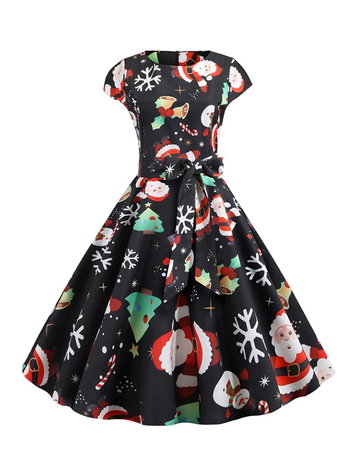 Santa Claus Snowman Belted Christmas Flare Dress