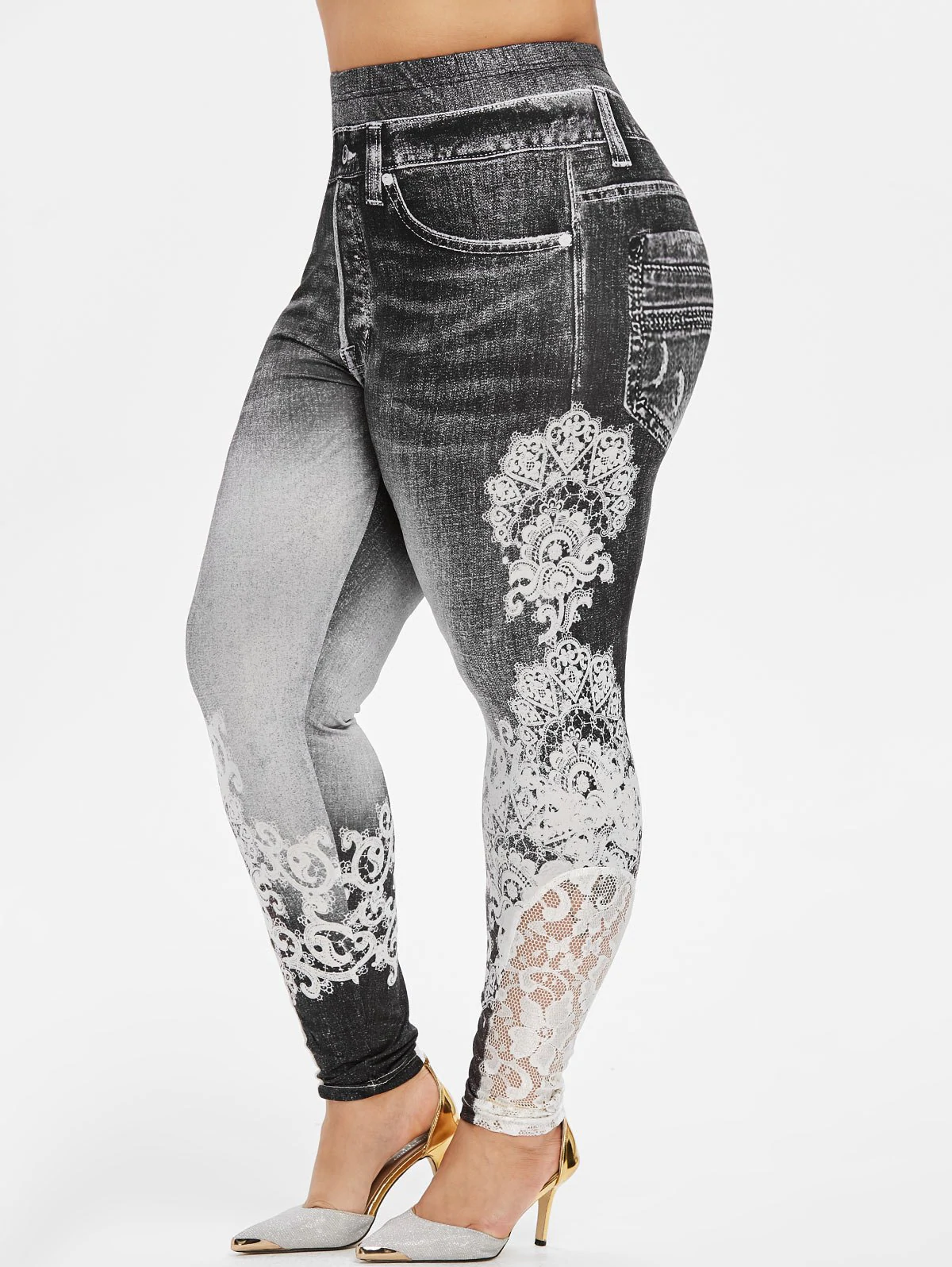 Plus Size 3D Print Lace Insert Jeggings