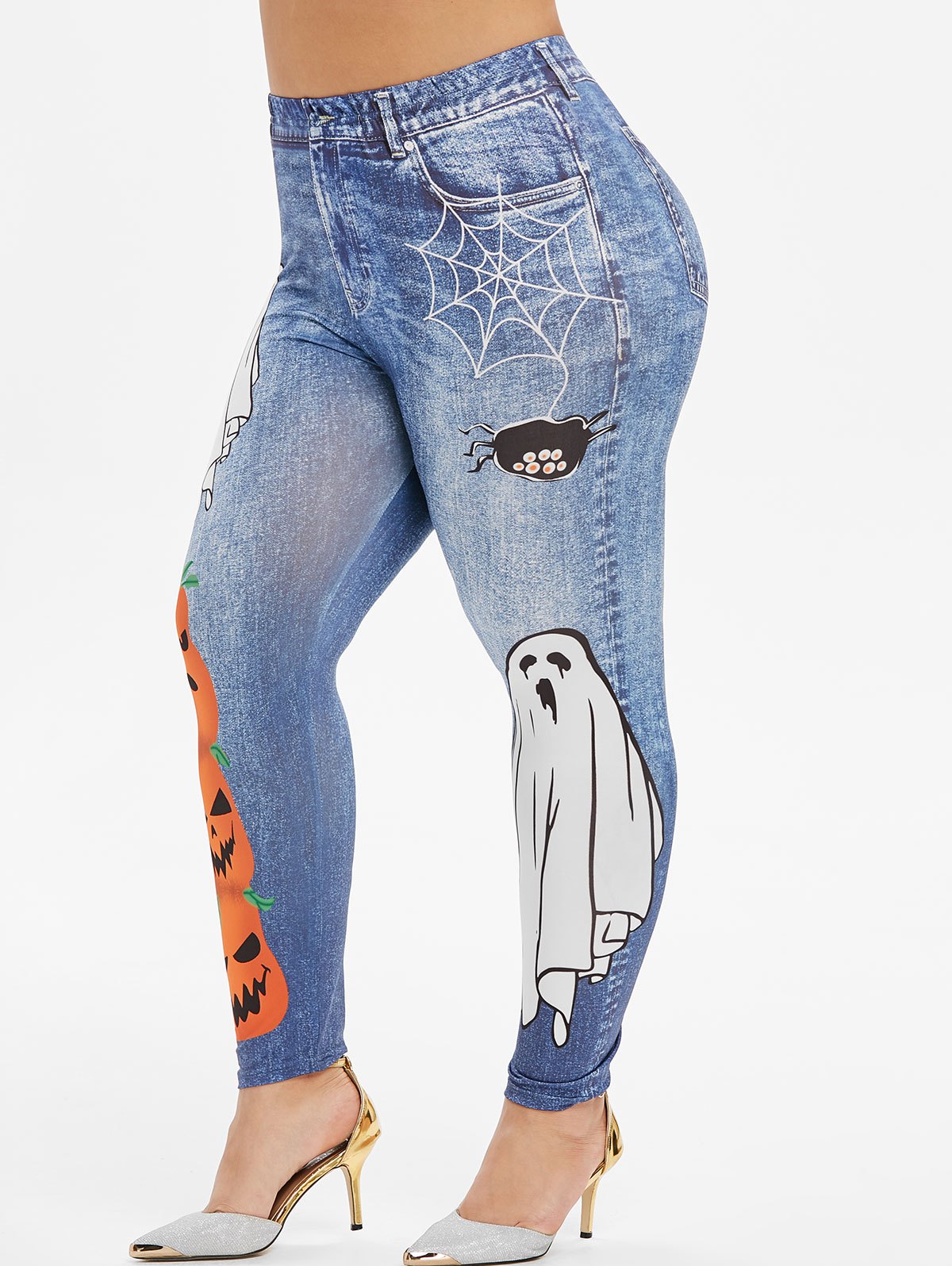 Plus Size Ghost Pumpkin Print Halloween 3D Jeggings