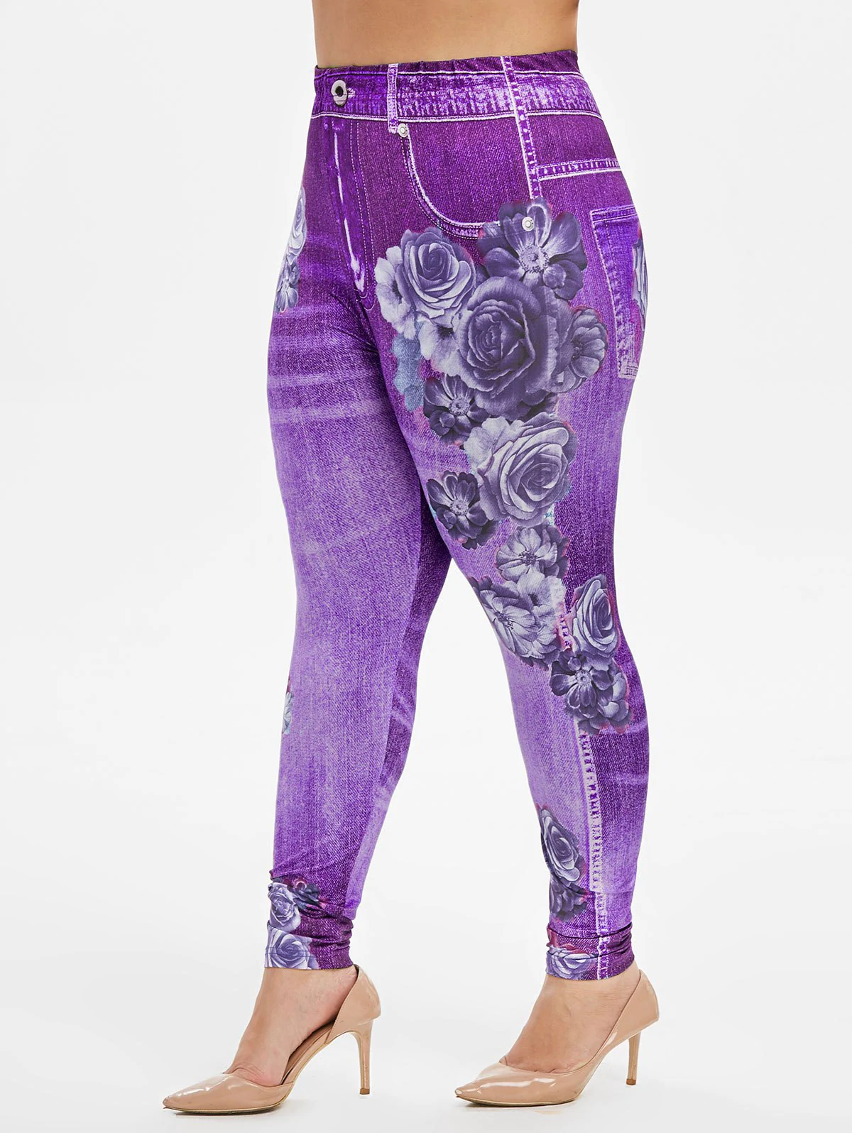 Plus Size High Waist Floral Print 3D Jeggings