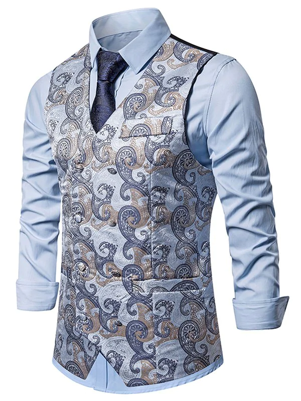 Paisley Jacquard Double Breasted Faux Pockets Vest