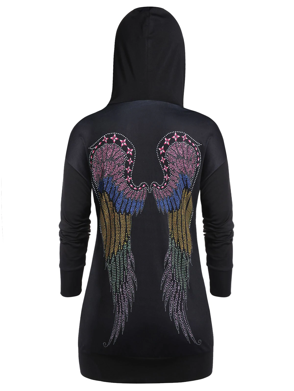 Plus Size Lace Up Wing Print Kangaroo Pocket Hoodie