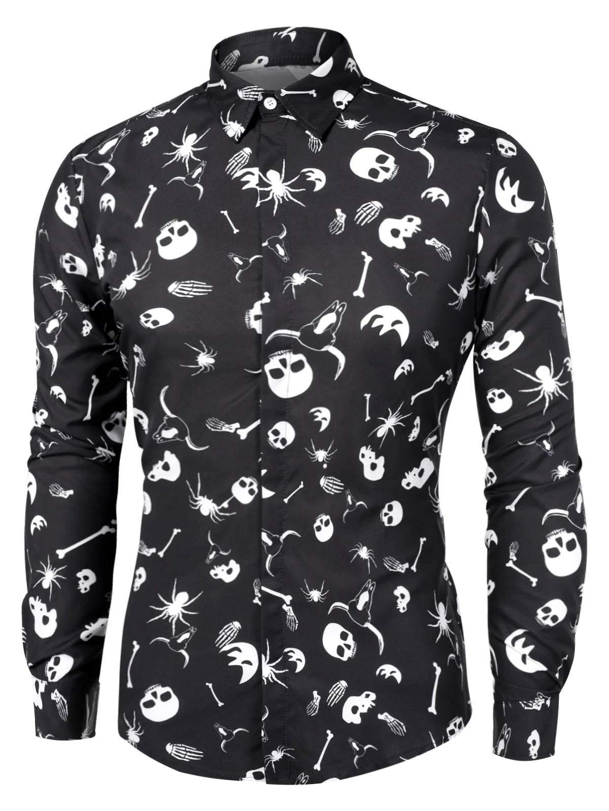 Long Sleeve Skeleton Print Gothic Halloween Shirt