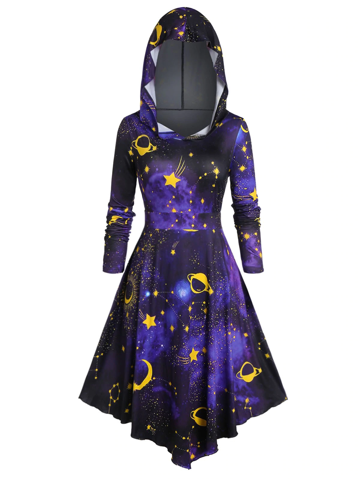 Plus Size Hooded 3D Galaxy Print Halloween Midi Dress