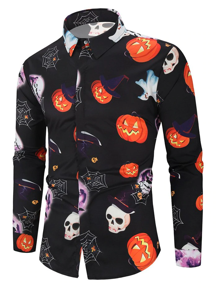 Halloween Pumpkin Skull Ghost Spider Moon Pattern Print Shirt