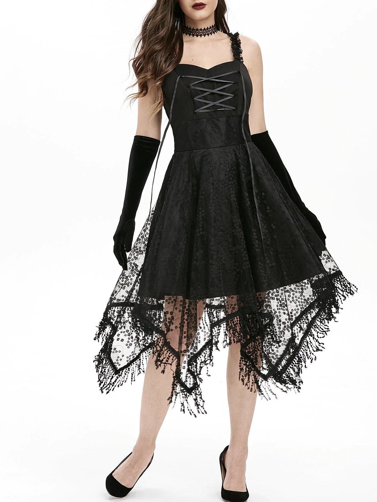 Lace-up Fringed Handkerchief Lace Dress