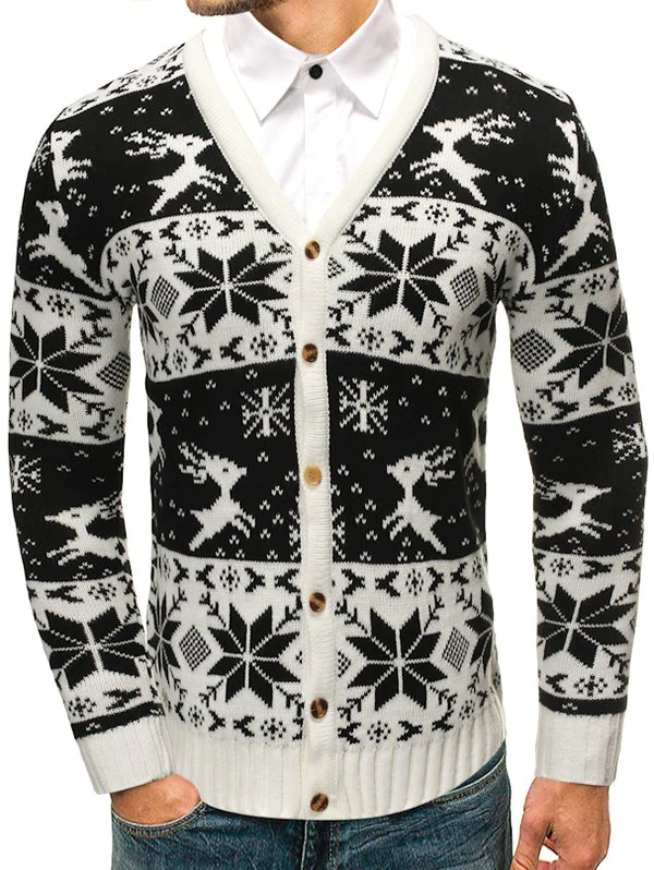 Christmas Elk Snowflake Jacquard Print Button Knitted Cardigan