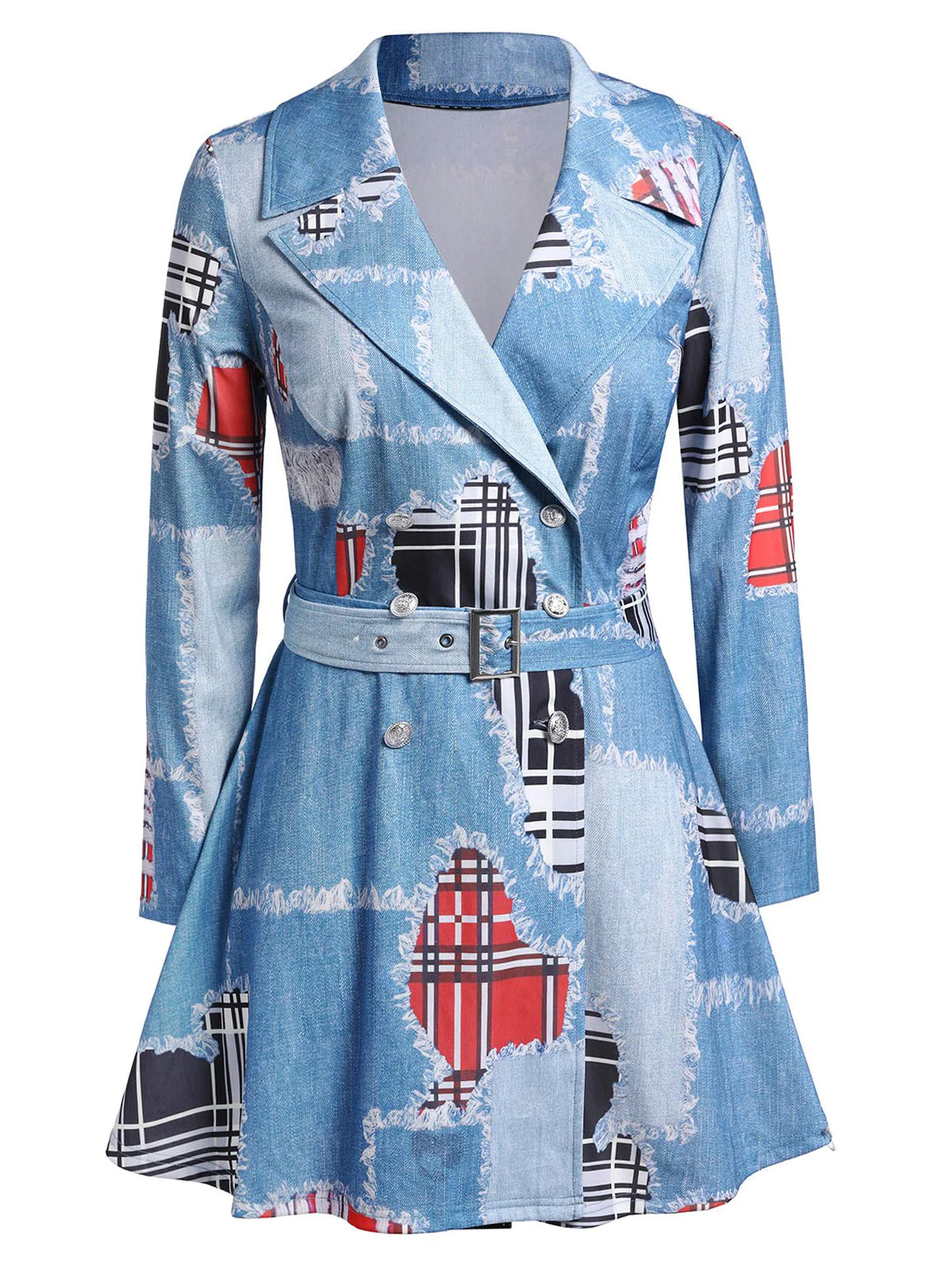 Plus Size 3D Denim Tartan Print Trench Coat