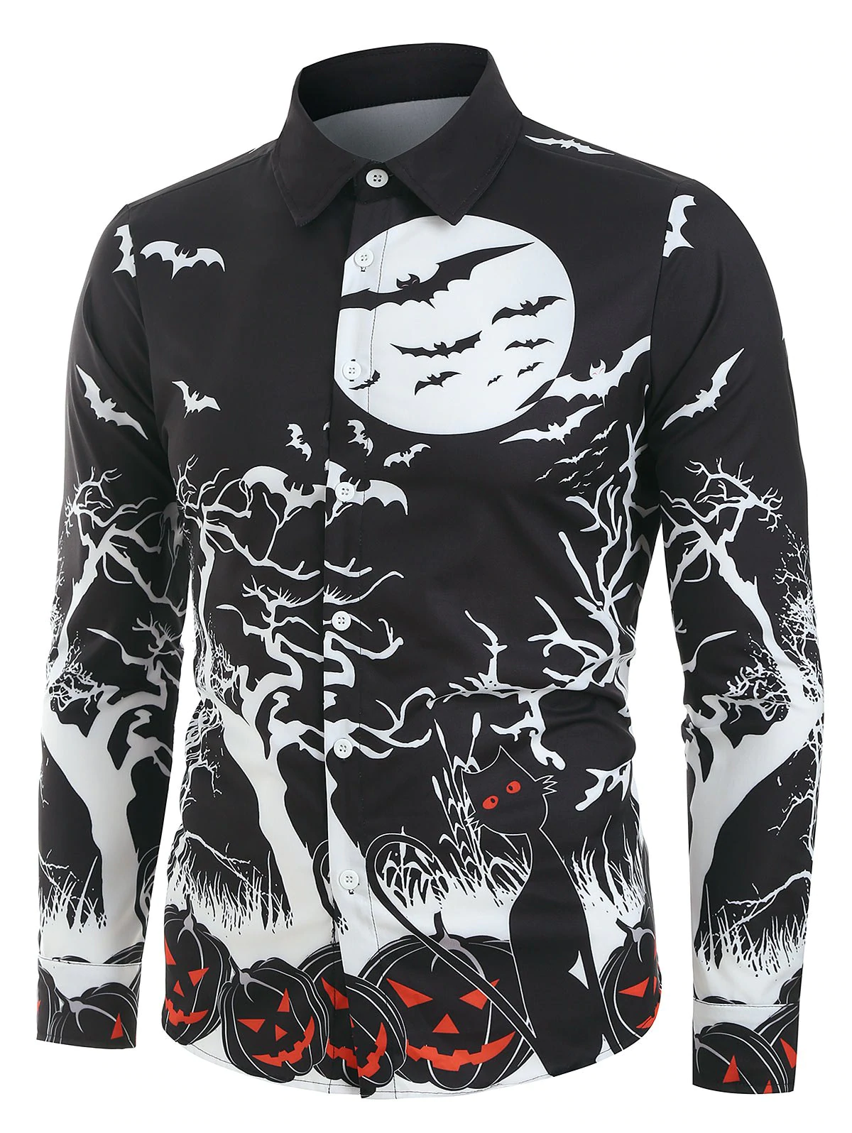 Halloween Night Pumpkins Print Button Up Long Sleeve Shirt