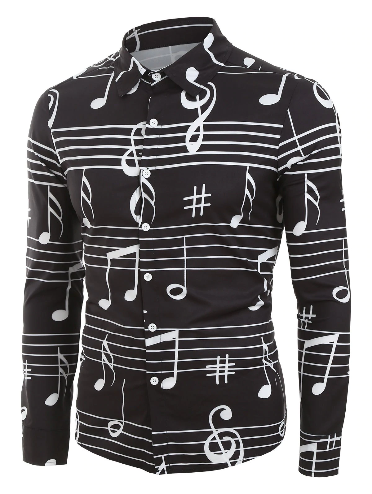 Music Notes Print Long Sleeve Button Up Festival Shirt