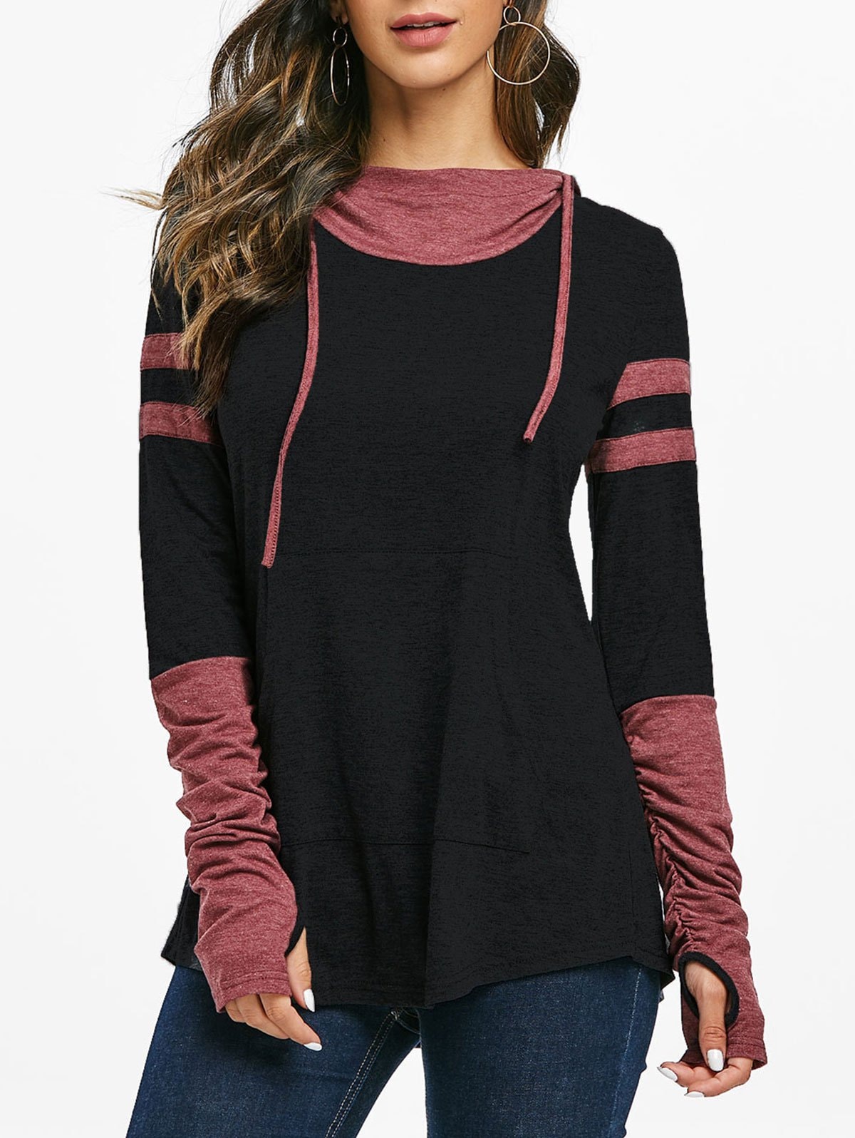 Hooded Kangaroo Pocket Ruched Contrast Heathered T-shirt