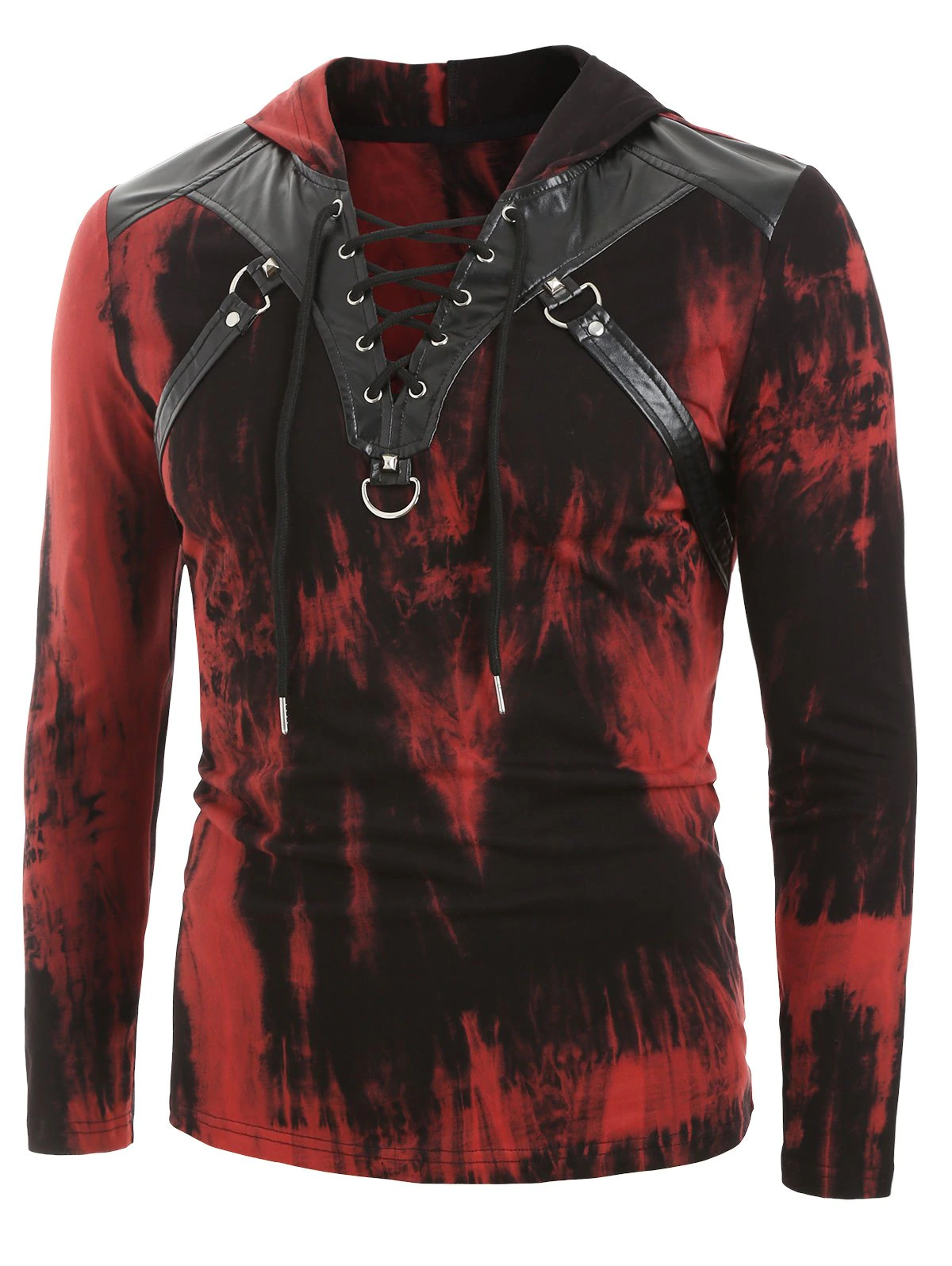 Tie Dye Print Lace-up Faux Leather Insert Hoodie