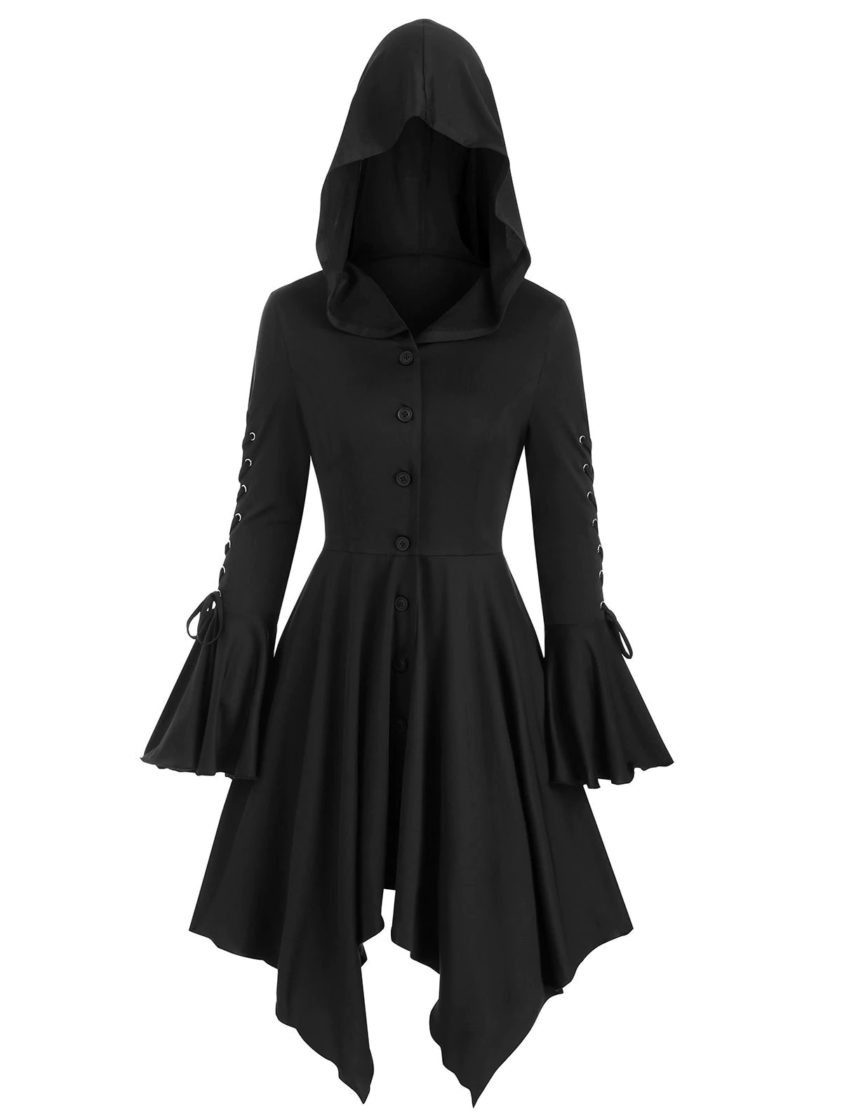 Hooded Lace-up Poet Sleeve Button Up Hanky Hem Skirted Gothic Co