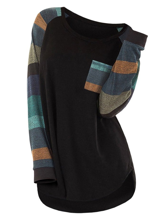 Plus Size Striped Color Blocking Pocket T Shirt