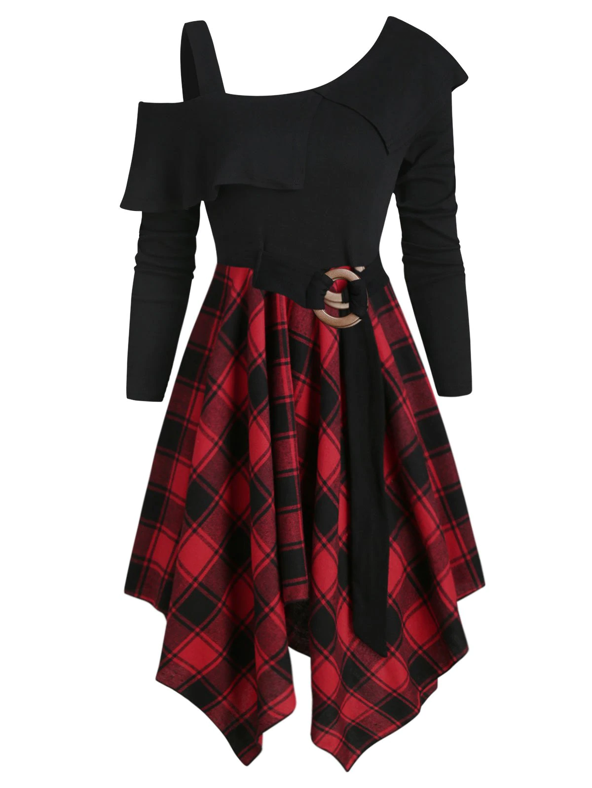 Plaid Skew Neck Belted Handkerchief Dress