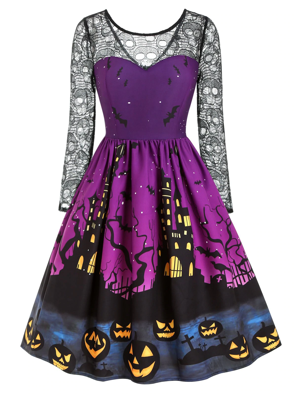 Halloween Pumpkin Bat Print Lace Insert Dress