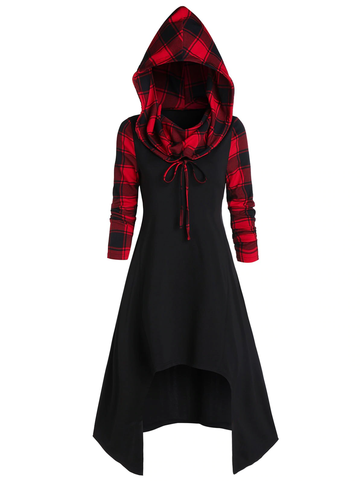 Hooded Plaid High Low Convertible Midi Dress