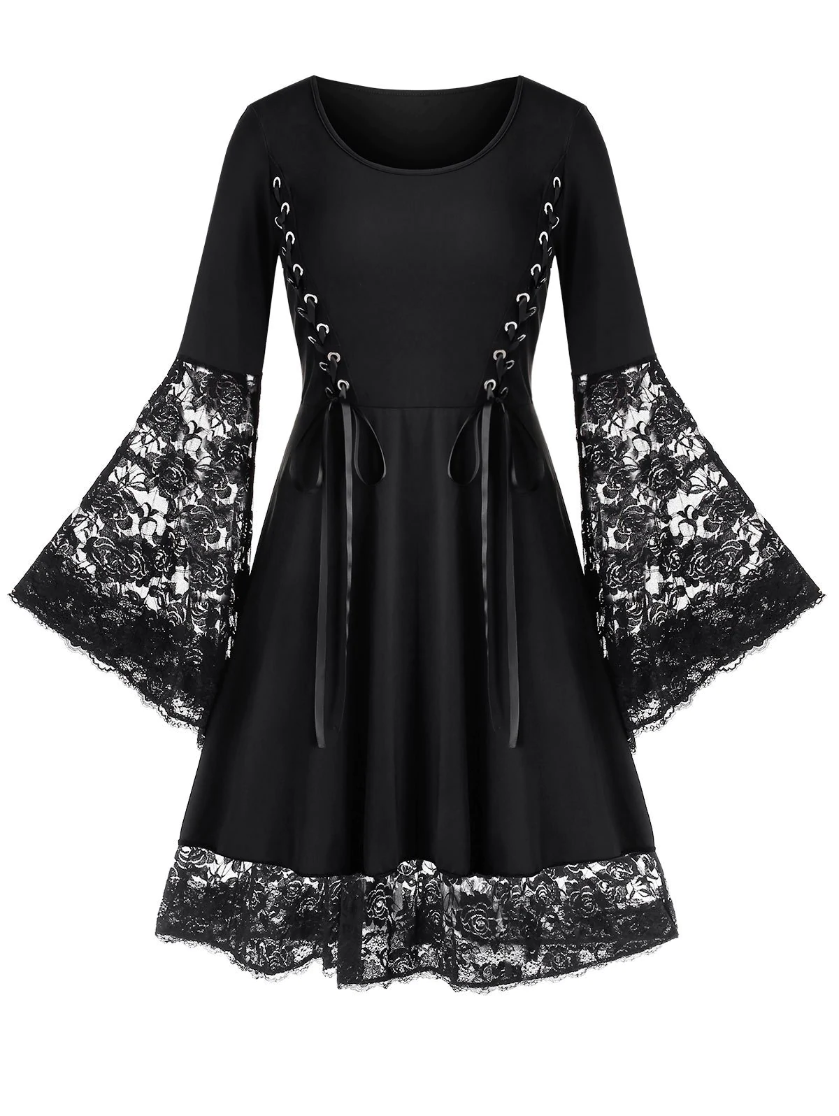 Plus Size Bell Sleeve Lace Up Flare Dress