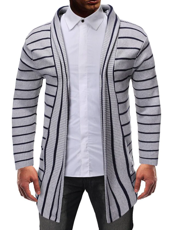 Striped Design Open Front Knitted Hooded Cardigan