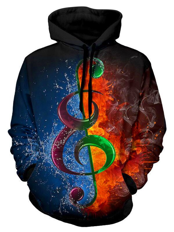 Water and Fire Music Note Print Drawstring Hoodie